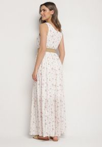 Born2be - Biała Rozkloszowana Sukienka w Kwiaty Ozdobiona Plecionym Paskiem Iffalle. Okazja: na co dzień, na spacer. Kolor: biały. Materiał: skóra. Wzór: aplikacja, kwiaty. Typ sukienki: proste. Styl: casual, elegancki #6