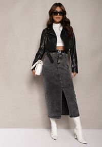 Renee - Czarno-Szara Bawełniana Spódnica Jeansowa Ołówkowa z Paskiem i Rozcięciem na Przodzie Ivario. Okazja: na co dzień. Kolor: czarny. Materiał: bawełna, jeans. Styl: casual