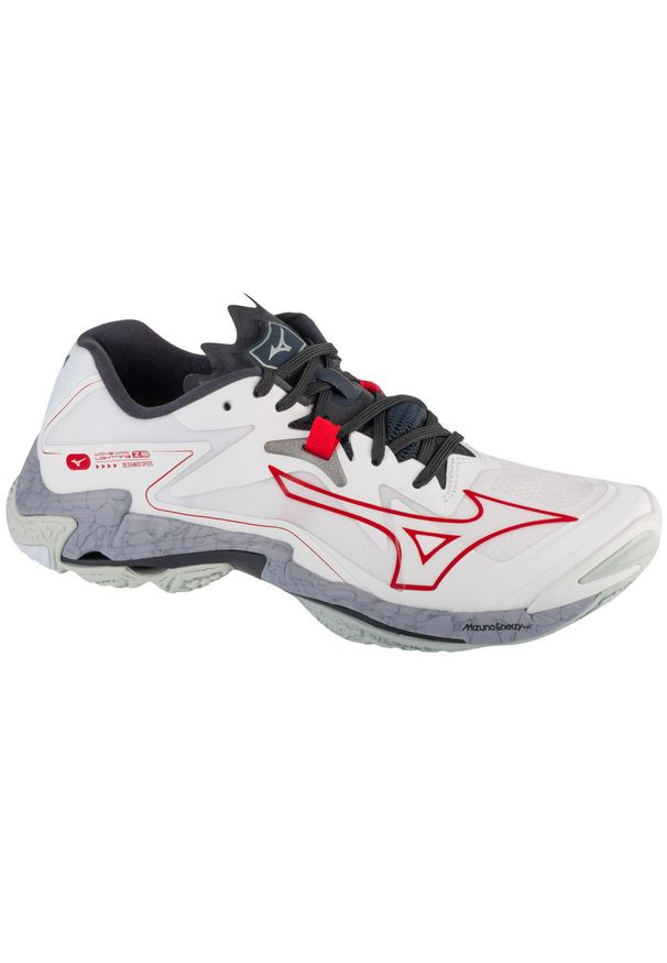 Buty siatkarskie męskie Mizuno Wave Lightning Z8. Zapięcie: sznurówki. Kolor: biały, wielokolorowy, czarny. Materiał: materiał, syntetyk, tkanina. Szerokość cholewki: normalna. Model: Mizuno Wave