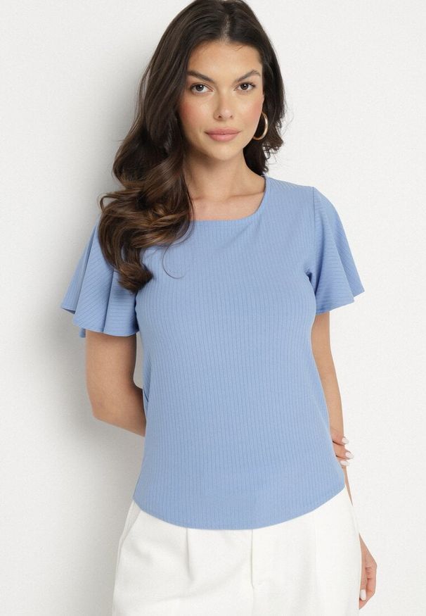 Born2be - Niebieska Bluzka Ozdobiona Szerokimi Rękawami Sunlisa. Okazja: na co dzień. Kolor: niebieski. Materiał: jeans. Wzór: aplikacja. Styl: casual, klasyczny