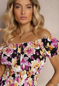Renee - Czarno-Różowa Taliowana Sukienka z Bawełny Wykończona Gumką w Talii i Guzikami Nelianne. Kolor: czarny. Materiał: bawełna. Sezon: lato #4