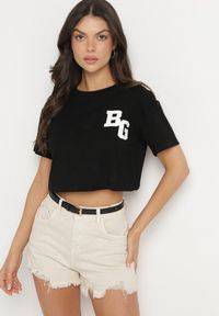 Born2be - Czarny Bawełniany T-shirt Oversize o Krótkim Kroju Zariona. Okazja: na co dzień. Kolor: czarny. Materiał: bawełna. Długość: krótkie. Wzór: aplikacja. Styl: klasyczny, elegancki, casual #7