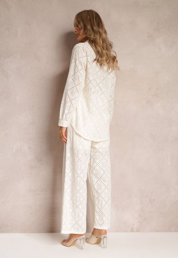 Renee - Beżowy 2-częściowy Komplet z Haftowej Tkaniny z Koszulą i Spodniami Aleiga. Kolor: beżowy. Materiał: tkanina. Wzór: haft, ażurowy