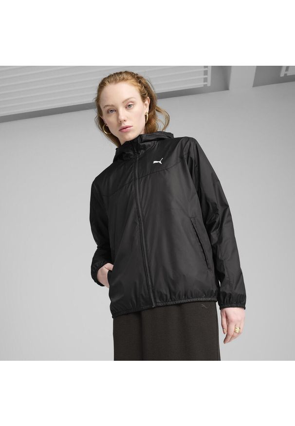 Puma - Damska wiatrówka o standardowym kroju Essentials PUMA. Kolor: szary, fioletowy, wielokolorowy, czarny. Materiał: guma. Wzór: nadruk. Sport: bieganie