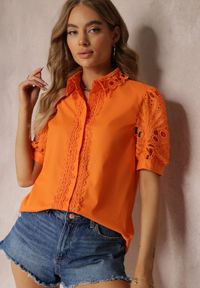 Renee - Pomarańczowa Koszula z Ozdobnym Kołnierzem i Rękawami z Koronkowymi Wstawkami Brixta. Kolor: pomarańczowy. Materiał: koronka. Styl: elegancki