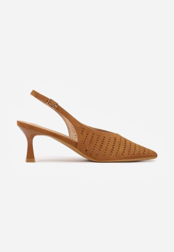 Renee - Brązowe Czółenka Slingback VICES na Kaczuszce z Ażurową Cholewką Klephei. Okazja: na co dzień. Nosek buta: szpiczasty. Kolor: brązowy. Szerokość cholewki: normalna. Wzór: ażurowy. Materiał: jeans, satyna. Obcas: na szpilce. Styl: elegancki, casual, retro. Wysokość obcasa: średni