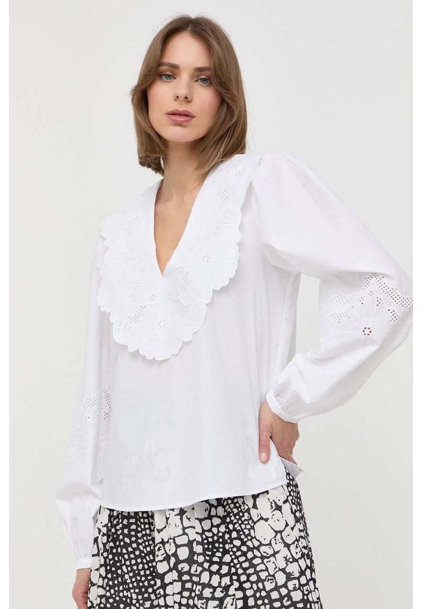 TwinSet - Twinset bluzka bawełniana damska kolor biały. Okazja: na co dzień. Kolor: biały. Materiał: bawełna. Długość rękawa: długi rękaw. Długość: długie. Wzór: haft. Styl: casual