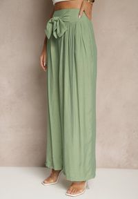 Renee - Zielone Wiskozowe Spodnie High Waist o Szerokim Kroju Aranisa. Okazja: na co dzień. Stan: podwyższony. Kolor: zielony. Materiał: wiskoza. Wzór: aplikacja. Styl: elegancki, casual #4