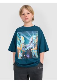 4f - 4F T-shirt oversize z nadrukiem chłopięcy - turkusowy 152 (11-12 lat). Okazja: na co dzień. Kolor: turkusowy. Materiał: jersey, materiał, bawełna. Wzór: nadruk. Sezon: lato. Styl: klasyczny, sportowy, casual