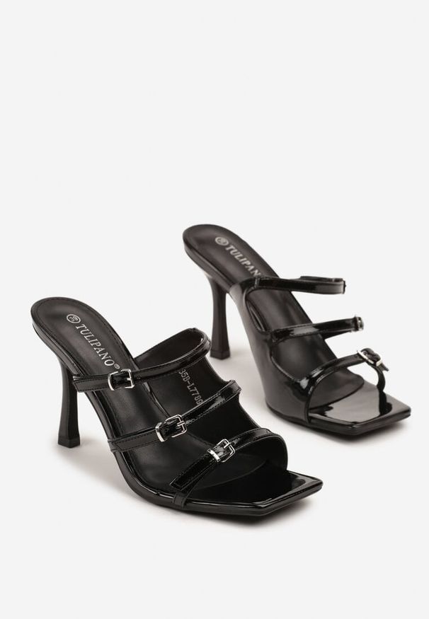 Born2be - Czarne Klapki na Szpilce z Kwadratowym Noskiem i Ozdobnymi Paskami Bannolia. Okazja: na co dzień. Kolor: czarny. Materiał: jeans. Wzór: paski. Obcas: na szpilce. Styl: wizytowy, elegancki, casual