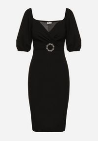 Born2be - Czarna Sukienka Dopasowana z Paskiem i Klamrą w Talii oraz Bufiastymi Rękawami Lurdia. Okazja: na ślub cywilny, na wesele. Kolor: czarny. Wzór: aplikacja. Styl: elegancki #4