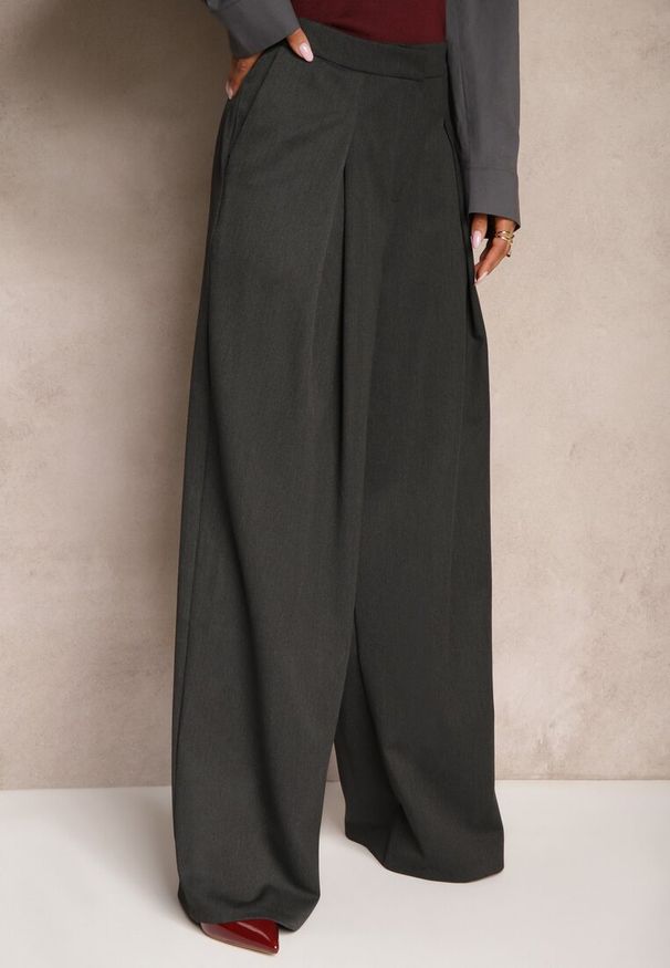 Renee - Ciemnoszare Szerokie Spodnie z Wiskozą o Garniturowym Kroju z Zakładkami i Kieszeniami Lobine. Okazja: na co dzień. Kolor: szary. Materiał: wiskoza. Styl: casual, elegancki