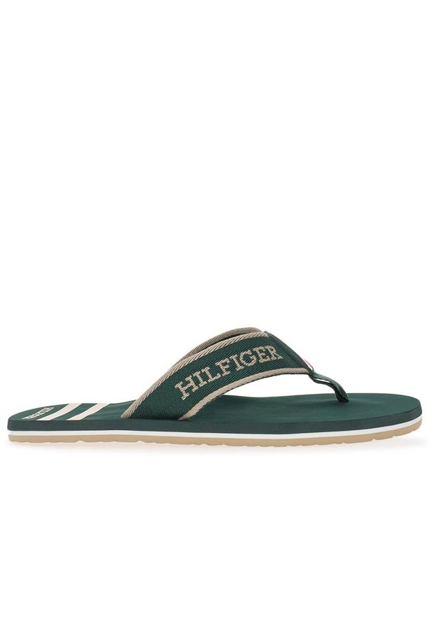 TOMMY HILFIGER - Japonki Tommy Hilfiger Monotype Logo FM0FM05020-MBP - zielone. Okazja: na plażę, na co dzień. Kolor: zielony. Materiał: poliester, materiał. Wzór: aplikacja, napisy, paski. Sezon: lato. Styl: wakacyjny, casual