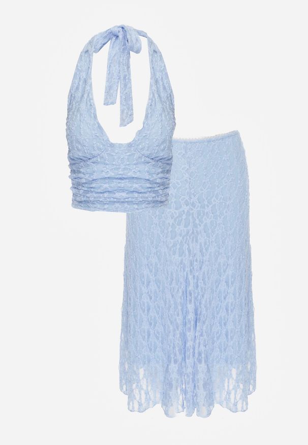 Born2be - Niebieski Koronkowy Komplet Top Wiązany na Szyi i Spódnica Corinatea. Kolor: niebieski. Materiał: koronka