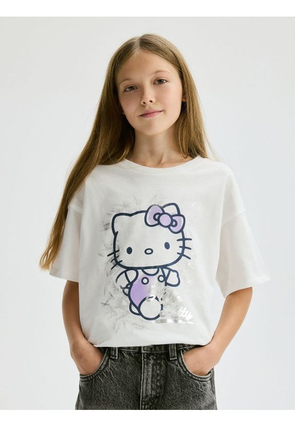 Reserved - T-shirt Hello Kitty - złamana biel. Materiał: bawełna. Wzór: motyw z bajki