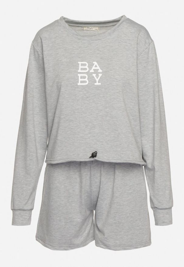 Born2be - Szary 2-Częściowy Komplet Dresowy Bluza z Nadrukiem i Luźne Szorty z Kieszeniami Ridana. Kolor: szary. Materiał: dresówka. Wzór: nadruk