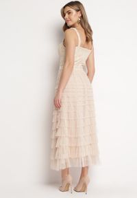 Born2be - Jasnobeżowa Sukienka Maxi na Ramiączkach z Gorsetową Górą i Tiulowymi Falbanami Encartia. Typ kołnierza: dekolt gorset. Kolor: beżowy. Materiał: tiul. Długość rękawa: na ramiączkach. Typ sukienki: gorsetowe. Długość: maxi #3