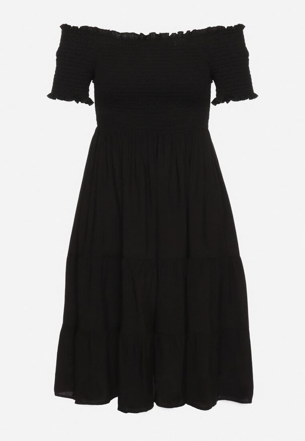 Born2be - Czarna Bawełniana Sukienka z Hiszpańskim Dekoltem z Szerokimi Falbanami na Dole Bliria. Okazja: na spacer, na co dzień. Typ kołnierza: dekolt hiszpanka. Kolor: czarny. Materiał: bawełna. Sezon: lato. Typ sukienki: rozkloszowane. Styl: casual, wakacyjny, elegancki