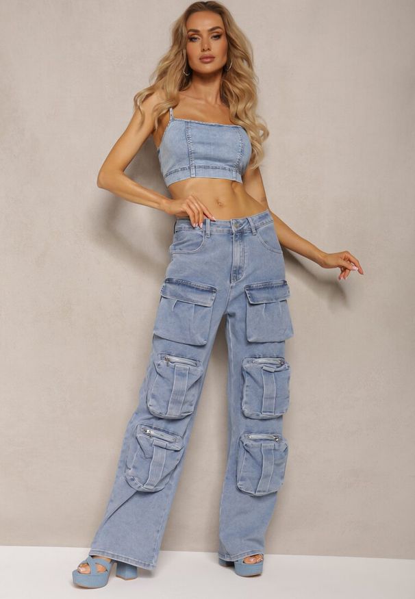 Renee - Niebieskie Spodnie High Waist z Prostymi Nogawkami i Ozdobnymi Kieszeniami Quliana. Okazja: na co dzień. Stan: podwyższony. Kolor: niebieski. Styl: elegancki, casual
