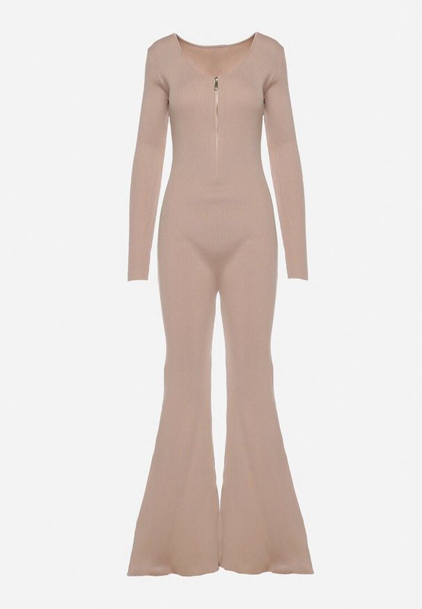 Born2be - Beżowy Wiskozowy Kombinezon Bodycon z Prążkowaniem i Suwakiem Alnorema. Kolor: beżowy. Materiał: wiskoza, prążkowany. Styl: elegancki