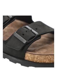 Klapki damskie Rieker, profilowana wkładka anatomiczny kształt regulowane paski solidne klamry korkowa podeszwa stabilne podparcie stopy, czarne, V31. Okazja: na co dzień, do domu. Kolor: czarny. Wzór: paski. Sezon: lato. Styl: casual #7