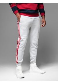 Ombre Clothing - Męskie spodnie dresowe z lampasami i ściągaczami na nogawkach – szary melanż V1 - Rozmiar: L. Kolor: szary. Materiał: dresówka. Wzór: melanż. Styl: retro, elegancki #12