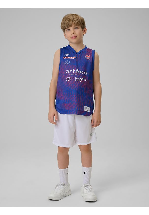 4f - 4F Koszulka meczowa replika wyjazdowa z sezonu 2025/26 dziecięca 4F x KS Basket 25 Bydgoszcz - granatowa 110/116. Kolor: niebieski. Materiał: materiał. Wzór: nadruk. Sezon: lato. Sport: fitness, koszykówka