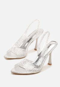 Renee - Srebrne Przezroczyste Sandały na Szpilce Slingback Ozdobione Cyrkoniami Fodaria. Kolor: srebrny. Wzór: aplikacja. Sezon: lato. Obcas: na szpilce. Styl: klasyczny. Wysokość obcasa: średni #6
