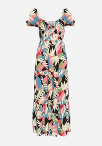 Born2be - Beżowo-Czarna Wiskozowa Sukienka w Kwiaty z Wiązaniem przy Dekolcie i Falbanką Meviera. Okazja: na randkę, na spacer, na co dzień. Kolor: czarny. Materiał: wiskoza. Wzór: kwiaty. Sezon: lato. Styl: casual #4