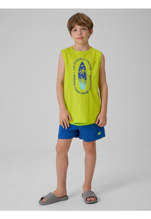 4f - 4F Koszulka bez rękawów regular z nadrukiem chłopięca - zielona 140 (9-10 lat). Kolor: zielony. Materiał: bawełna, skóra, materiał. Długość rękawa: bez rękawów. Wzór: nadruk. Sezon: lato