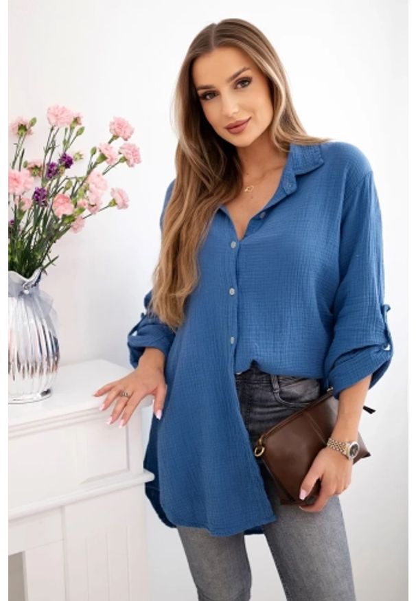 Kesi Włoski - Koszula bawełniana muślinowa Plus Size ciemny jeans. Kolekcja: plus size. Materiał: bawełna, jeans