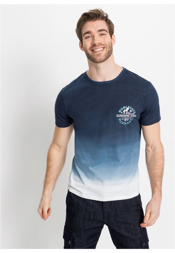 bonprix - T-shirt w cieniowanym kolorze. Kolor: niebieski. Wzór: nadruk