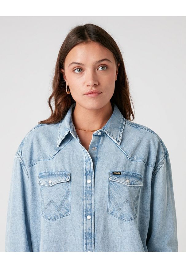 Wrangler - WRANGLER DENIM WESTERN DRESS DAMSKA SUKIENKA LIGHT INDIGO W9P6LWX4E 112132456. Materiał: denim