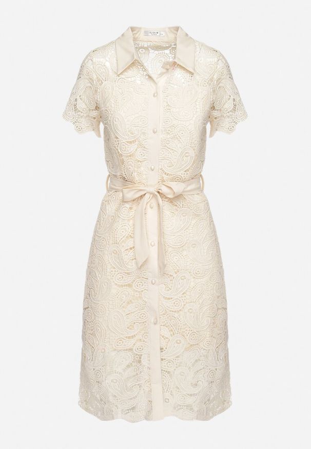 Born2be - Beżowa Sukienka Koronkowa o Koszulowym Fasonie z Paskiem w Talii Betulina. Okazja: na spotkanie biznesowe. Kolor: beżowy. Materiał: koronka. Długość rękawa: krótki rękaw. Wzór: koronka. Typ sukienki: koszulowe. Styl: biznesowy, elegancki