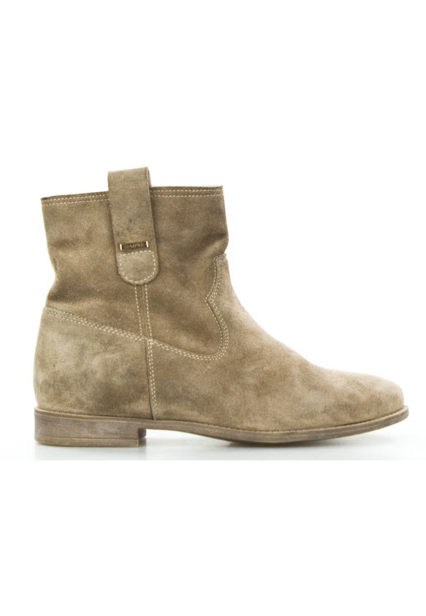 Inna - Botki kowbojki skórzane welurowe płaskie taupe Sempre. Materiał: welur, skóra. Obcas: na obcasie. Styl: elegancki, klasyczny