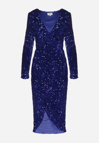 Born2be - Granatowa Dopasowana Cekinowa Sukienka z Kopertowym Dekoltem i Asymetrycznym Wycięciem Rinnalith. Okazja: na imprezę. Kolor: niebieski. Typ sukienki: asymetryczne, kopertowe. Styl: klasyczny, elegancki #2