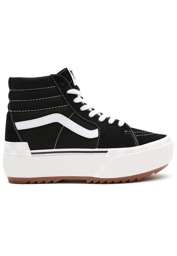 Buty Vans Sk8-Hi Stacked VN0A4BTW5ZN1 - czarne. Okazja: na co dzień. Wysokość cholewki: przed kolano. Zapięcie: pasek. Kolor: czarny. Materiał: materiał, zamsz, guma. Szerokość cholewki: normalna. Wzór: paski, haft. Model: Vans SK8