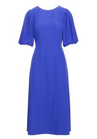 Stylove - Elegancka sukienka koktajlowa z bufiastymi rękawami niebieska. Okazja: na ślub cywilny, na imprezę, na wesele. Kolor: niebieski. Materiał: materiał, elastan. Długość rękawa: krótki rękaw. Sezon: lato. Typ sukienki: rozkloszowane. Styl: wizytowy, elegancki. Długość: midi #5