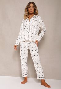 Renee - Biało-Czarny 2-Częściowy Komplet Piżamowy Koszula w Drobne Serca Spodnie z Długimi Nogawkami Rivasielia. Kolor: biały. Materiał: tkanina. Długość: długie #1