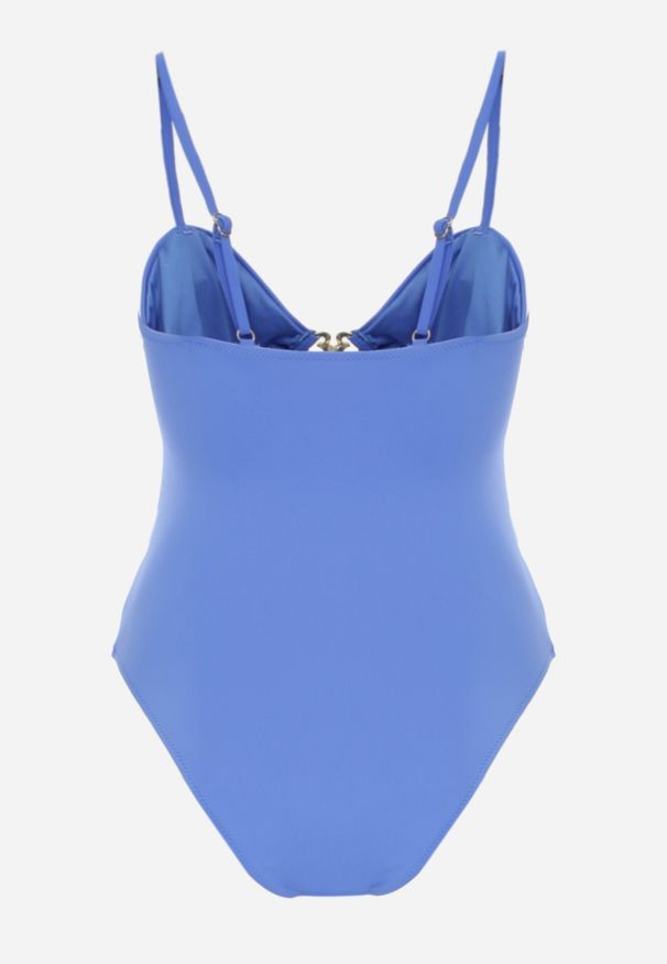 Renee - Niebieski Jednoczęściowy Strój Kąpielowy Na Cienkich Ramiączkach ze Złotymi Ozdobami i Wycięciami Nonanoe. Kolekcja: plus size. Kolor: niebieski. Materiał: jeans. Wzór: aplikacja