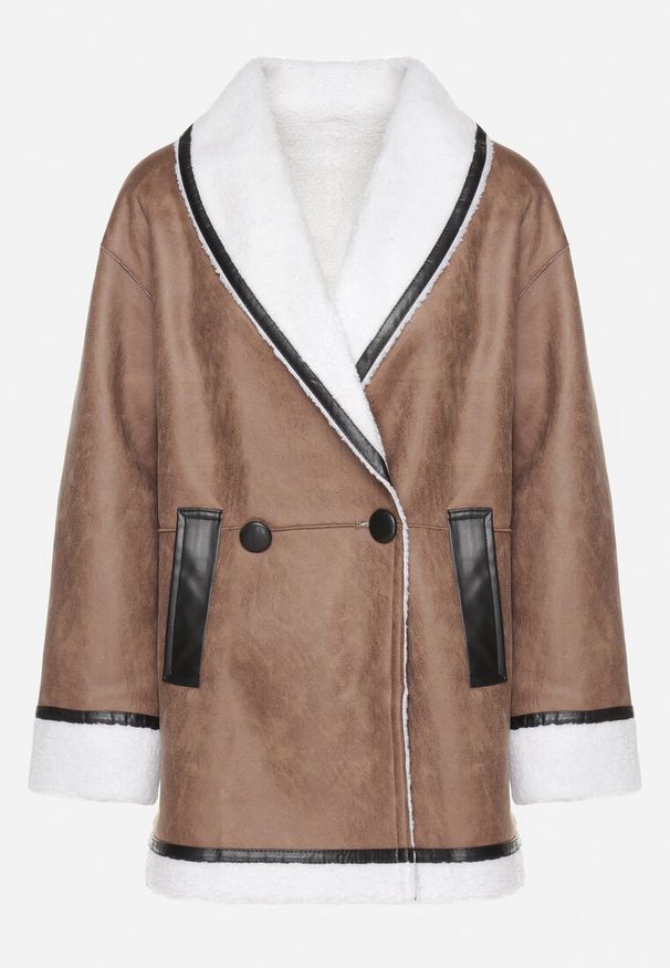 Born2be - Ciemnobrązowa Kurtka Biker o Kroju Marynarki Ocieplona Futerkiem Typu Baranek Saliria. Okazja: na co dzień. Kolor: brązowy. Materiał: futro. Styl: casual, elegancki