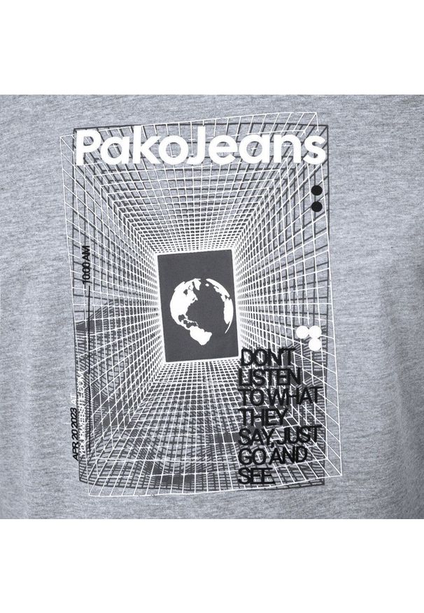T-Shirt (Koszulka) Męska - Pako Jeans - Napis, Nadruk, Popielata. Okazja: na co dzień. Kolor: szary. Materiał: bawełna, wiskoza. Wzór: nadruk. Styl: casual