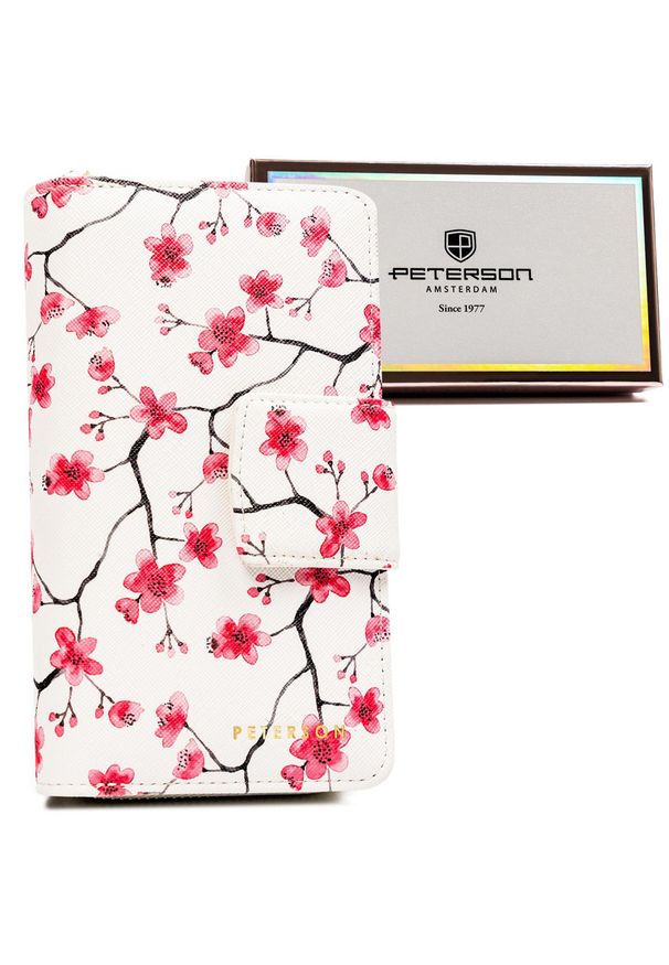 Portfel w kwiaty Peterson PTN 76116-F8 biały. Kolor: biały. Wzór: kwiaty. Materiał: skórzane