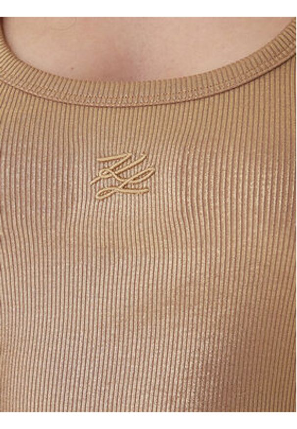 Karl Lagerfeld - KARL LAGERFELD Top B1W17087 Złoty Slim Fit. Typ kołnierza: dekolt w karo. Kolor: złoty. Materiał: bawełna