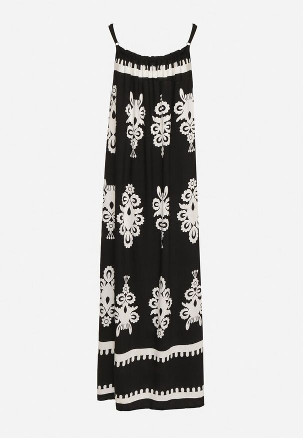 Born2be - Czarna Sukienka o Rozkloszowanym Kroju na Ramiączkach w Etniczny Wzór Revoniae. Okazja: na co dzień. Typ kołnierza: dekolt w kształcie V. Kolor: czarny. Długość rękawa: na ramiączkach. Styl: elegancki, casual