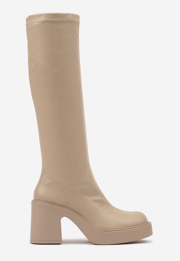 Born2be - Beżowe Kozaki na Obcasie i Platformie z Dopasowaną Cholewką Astala. Wysokość cholewki: przed kolano. Kolor: beżowy. Materiał: wełna, jeans. Szerokość cholewki: normalna. Wzór: aplikacja. Obcas: na obcasie. Styl: elegancki. Wysokość obcasa: średni