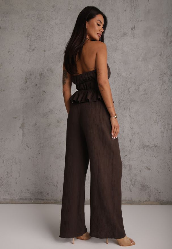 Renee - Brązowy Letni Komplet z Bawełny Spodnie Wide Leg i Bluzka Halter z Wiązaniem Apomeda. Kolor: brązowy. Materiał: bawełna