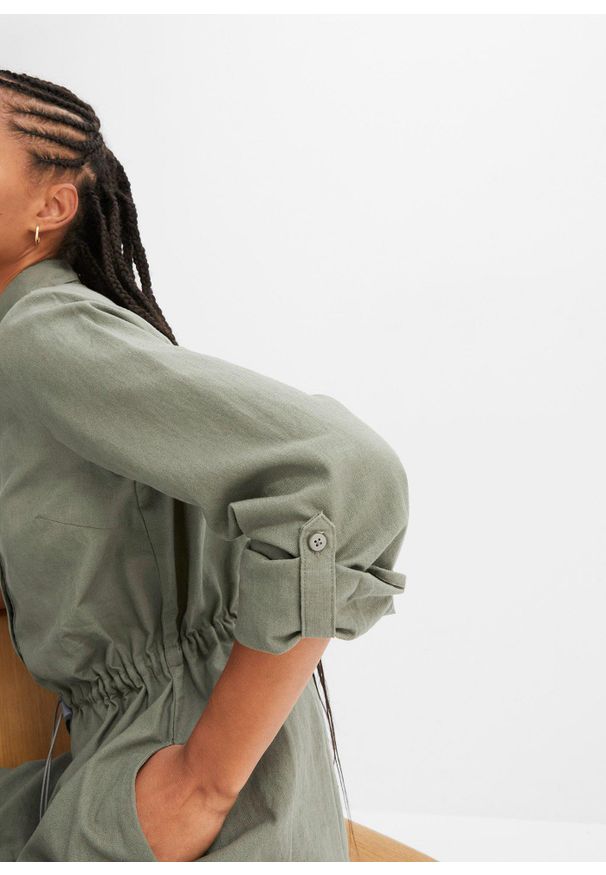 bonprix - Sukienka koszulowa z mieszanki lnu i bawełny. Kolor: zielony. Materiał: bawełna, len. Typ sukienki: koszulowe. Długość: midi