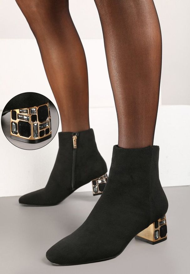 Renee - Czarne Botki Vices z Kryształkami na Obcasie Vortisha. Kolor: czarny. Wzór: kropki. Sezon: jesień. Obcas: na obcasie. Styl: elegancki. Wysokość obcasa: średni