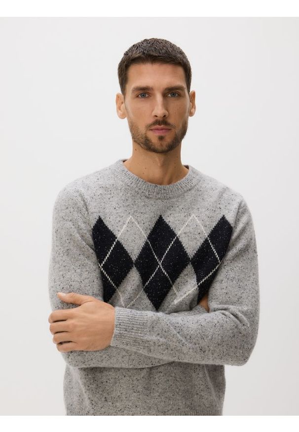 Reserved - Melanżowy sweter z wełną - jasnoszary. Kolor: szary. Materiał: wełna. Wzór: melanż